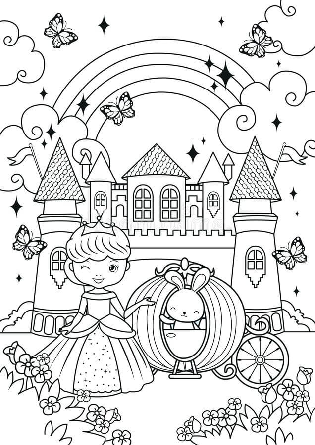 Dibujo de Princesa y Conejito En El Castillo para Colorear y Imprimir