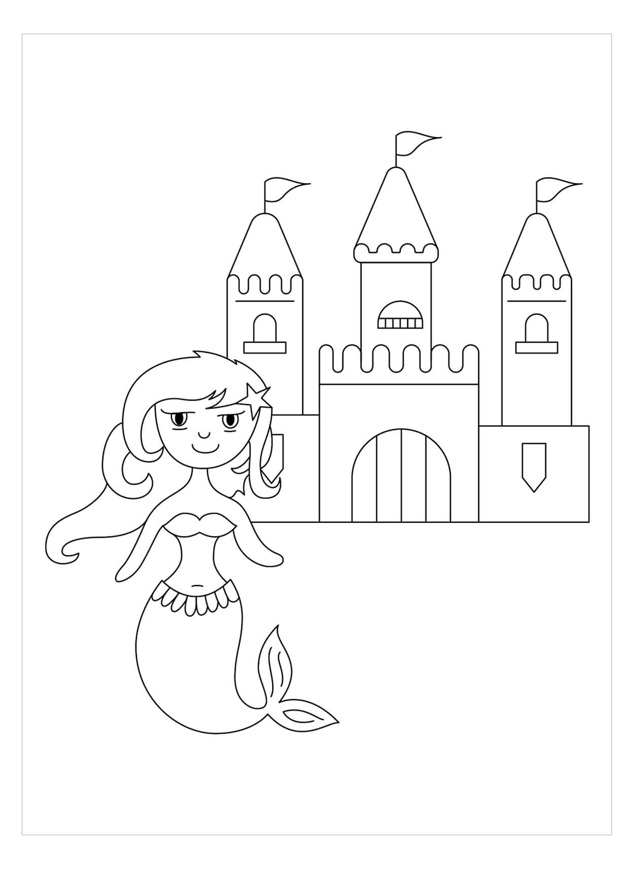 Dibujo de Sirena Con Castillo para Colorear y Imprimir