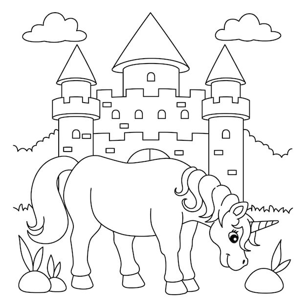 Dibujo de Unicornio Gordo Con Castillo para Colorear y Imprimir