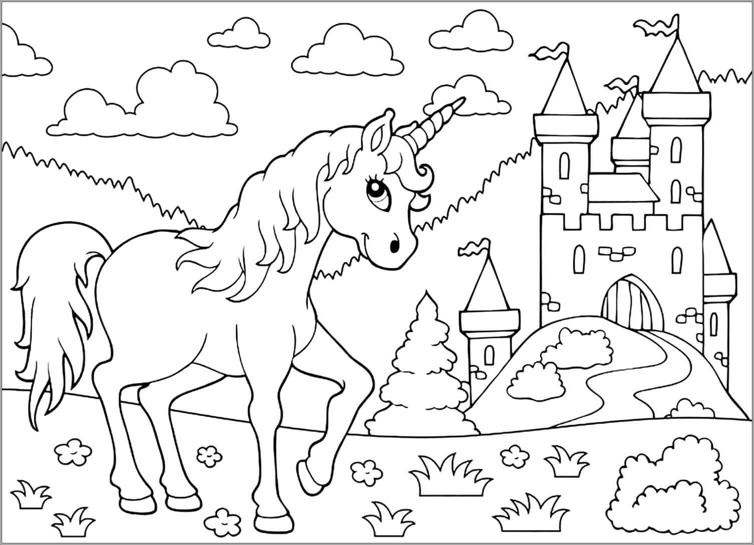 Dibujo de Unicornio y Castillo para Colorear y Imprimir