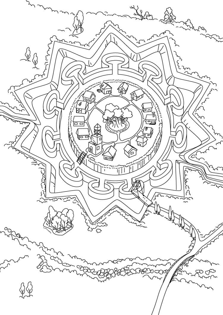 Dibujo de Vista Básica Del Castillo desde Arriba para Colorear y Imprimir