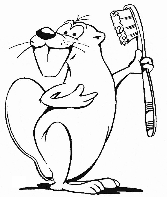 dibujo castor sosteniendo un cepillo de dientes para imprimir y colorear