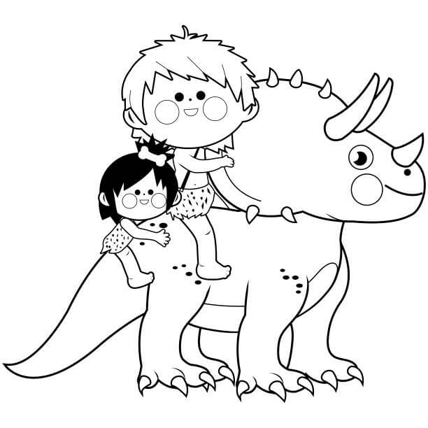 Dibujo de dos Niños Cavernícolas Montando Triceratops para Colorear y Imprimir