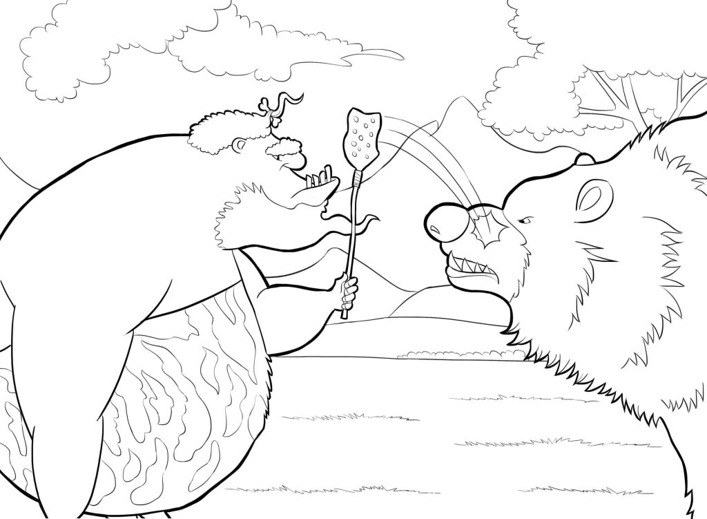 Dibujo de Hombre de Las Cavernas y Oso Scaled para Colorear y Imprimir