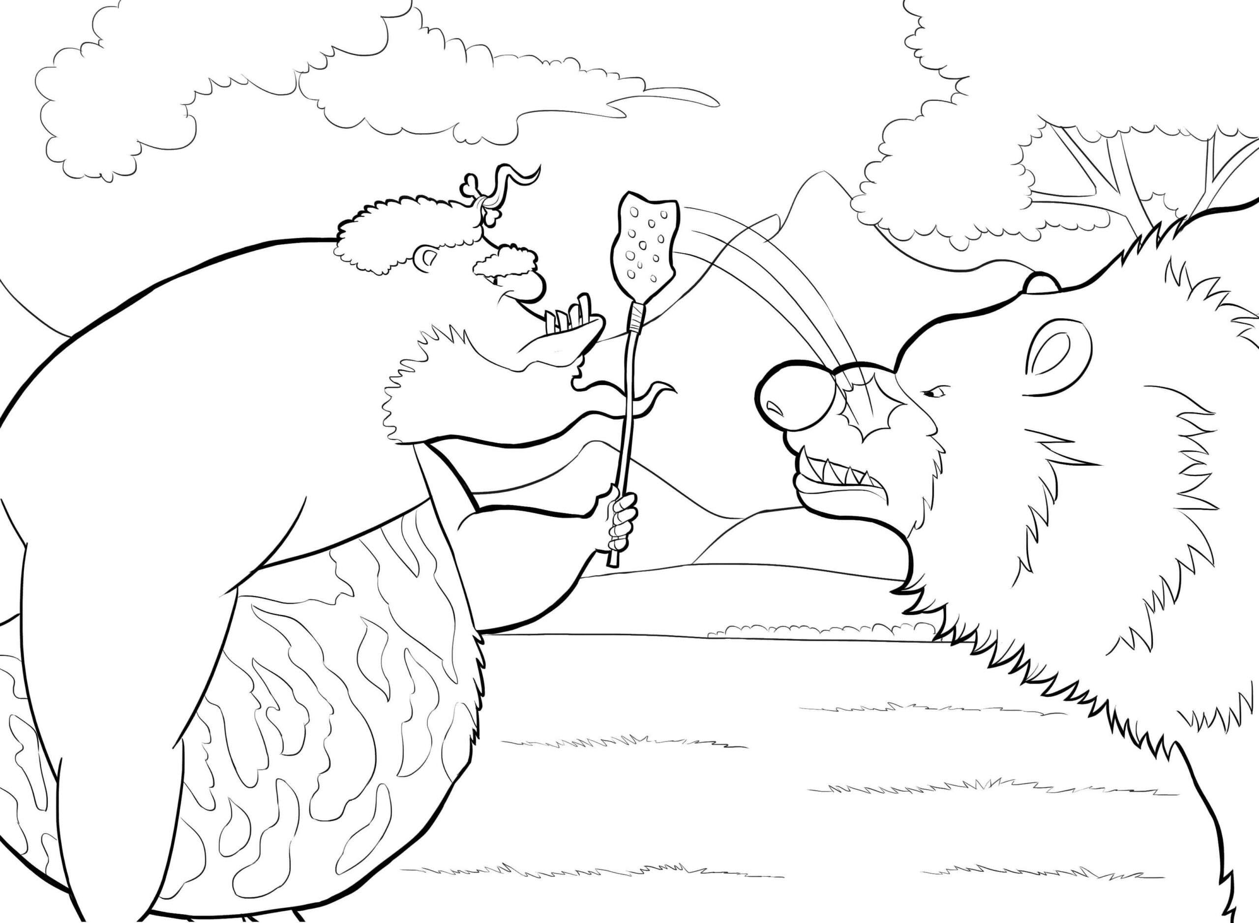 Dibujo de Hombre de Las Cavernas y Oso Scaled para Colorear y Imprimir