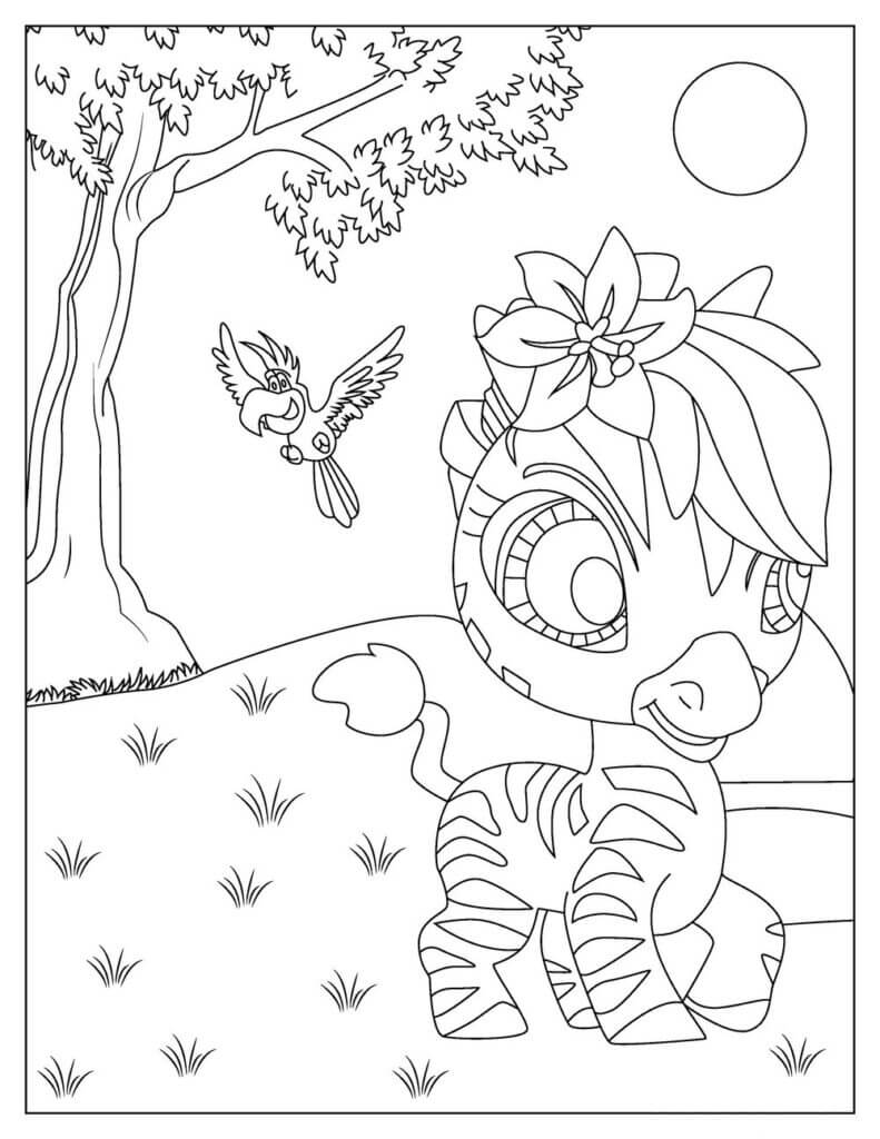 Dibujo de Cebra de Dibujos Animados Con Loro para Colorear y Imprimir