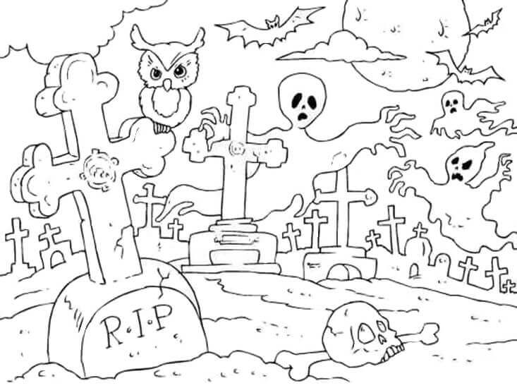 Dibujo de Búho y Fantasma Del Cementerio para Colorear y Imprimir