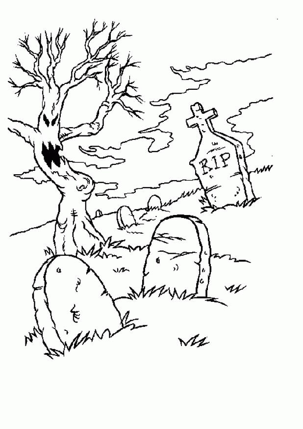 Dibujo de Cementerio Con Árbol para Colorear y Imprimir