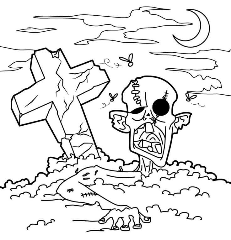 Dibujo de Cementerio Con Cabeza Zombi para Colorear y Imprimir