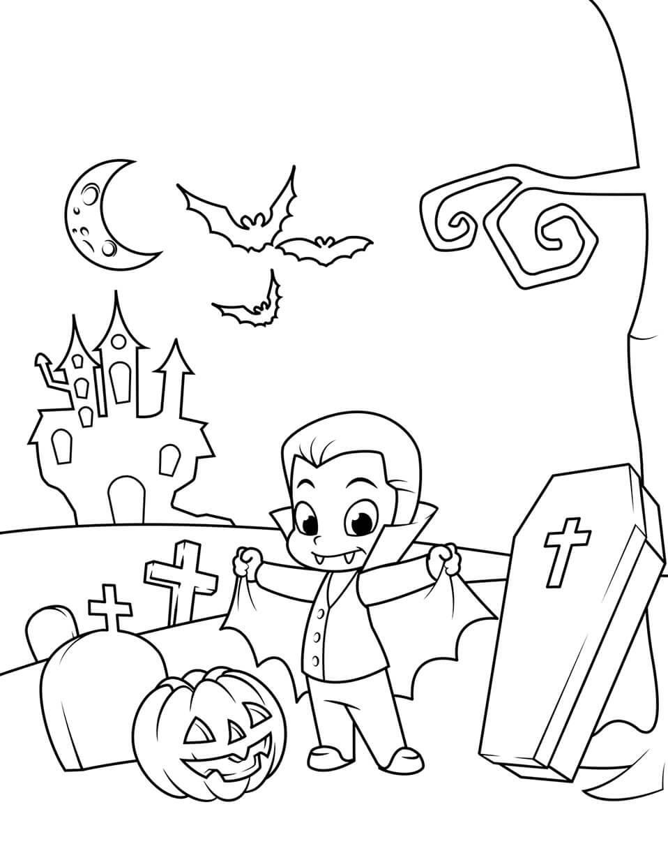 Dibujo de Cementerio Drácula y Calabaza para Colorear y Imprimir