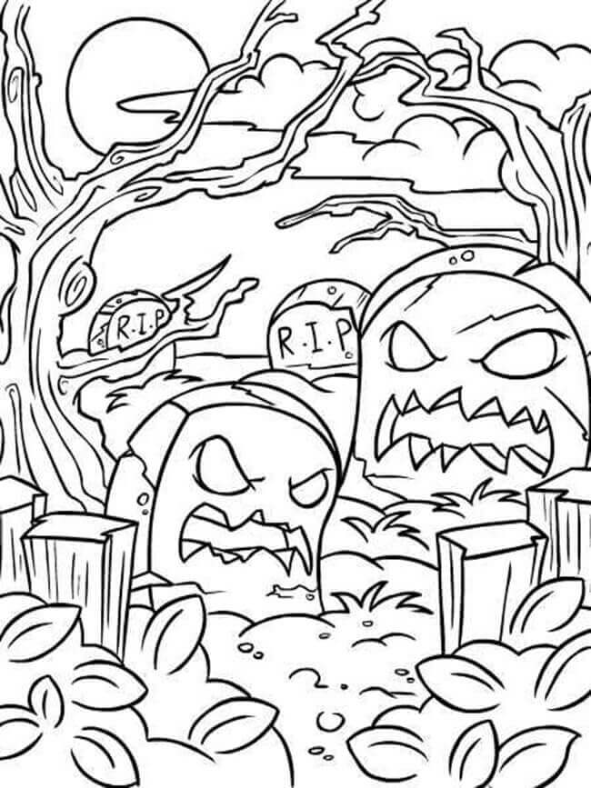 Dibujo de Cementerio Fantasma Enojado para Colorear y Imprimir