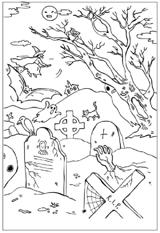 Dibujo de Cementerio Terrorifico Frío para Colorear y Imprimir