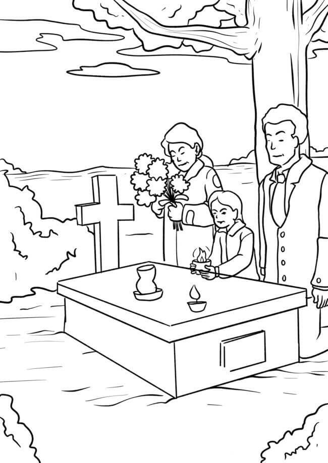 Dibujo de Cementerio y Tres Personas para Colorear y Imprimir