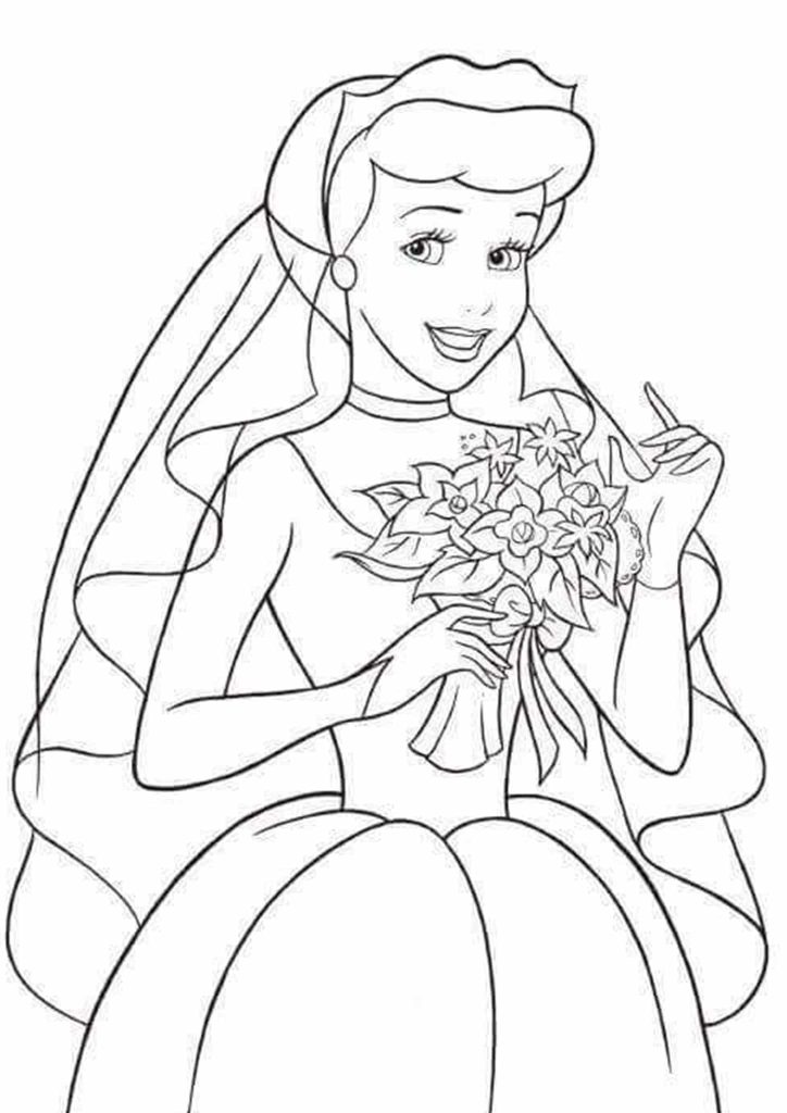 Dibujo de Cenicienta Novia Con Ramo de Flores para Colorear y Imprimir