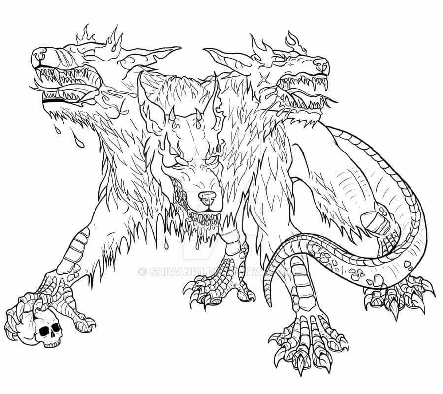 Dibujo de Cerbero Espeluznante 1 para Colorear y Imprimir