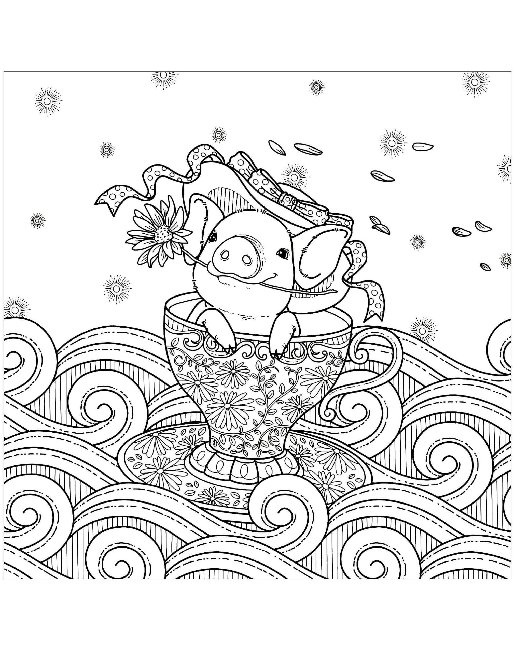 Dibujo de Cerdo Tatuado En Una Taza Scaled para Colorear y Imprimir