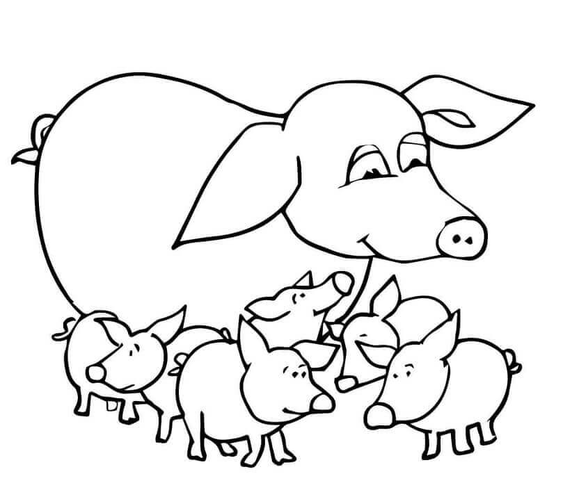 Dibujo de Cerditos y Madre para Colorear y Imprimir