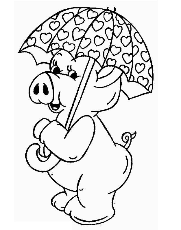 Dibujo de Cerdo Con Paraguas para Colorear y Imprimir