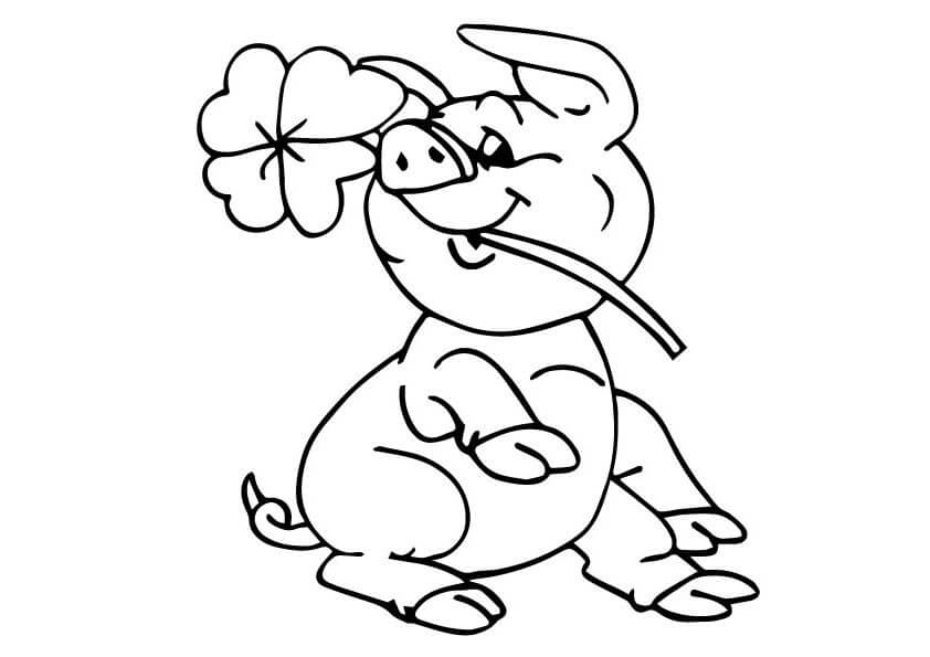 dibujo un lechon con trebol de cuatro hojas para imprimir y colorear