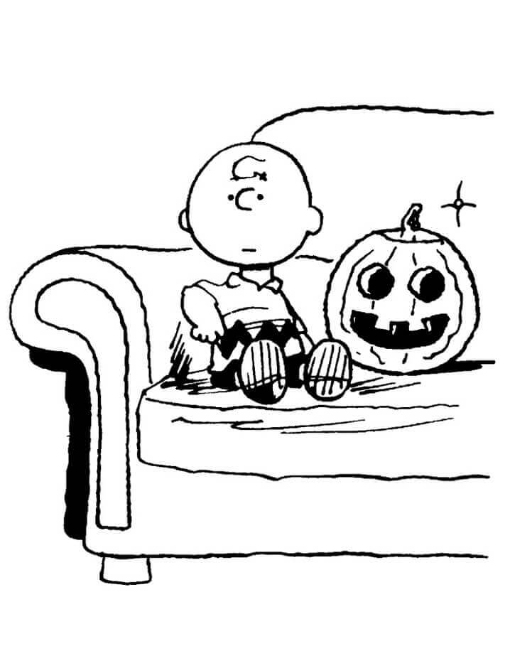 Dibujo de Charlie Brown Sentado y Calabaza para Colorear y Imprimir
