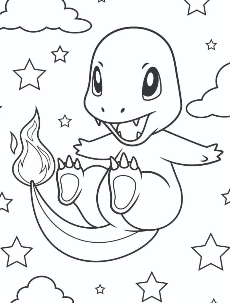 Dibujo de Charmander y Estrellas para Colorear y Imprimir