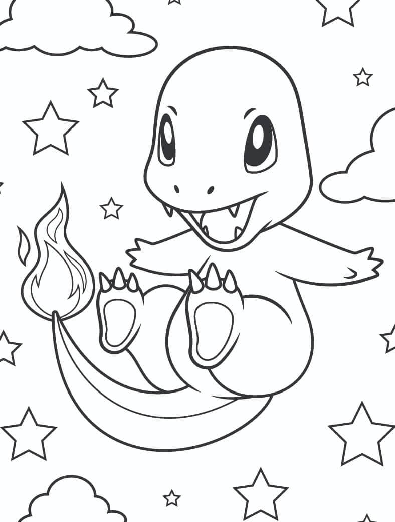 Dibujo de Charmander y Estrellas para Colorear y Imprimir