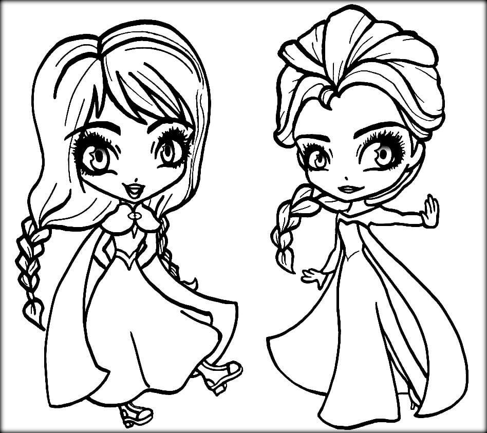 Dibujo de Anna y Elsa Chibi para Colorear y Imprimir