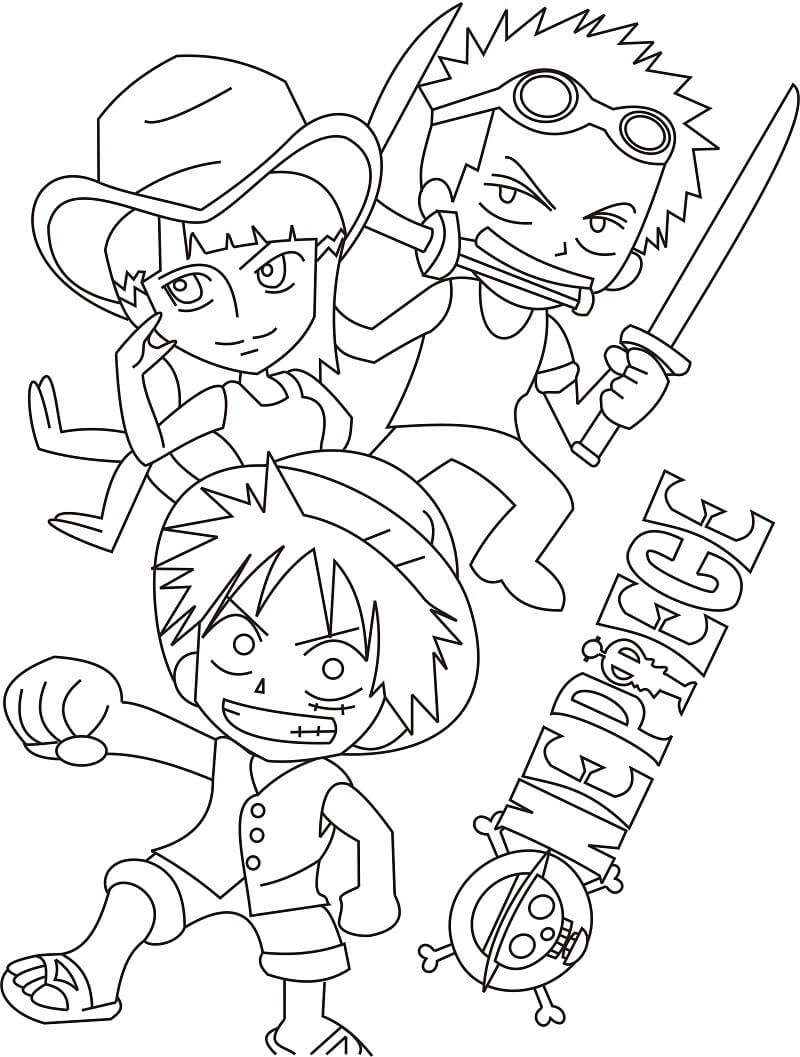 Dibujo de Chibi Zoro Luffy y Robin para Colorear y Imprimir