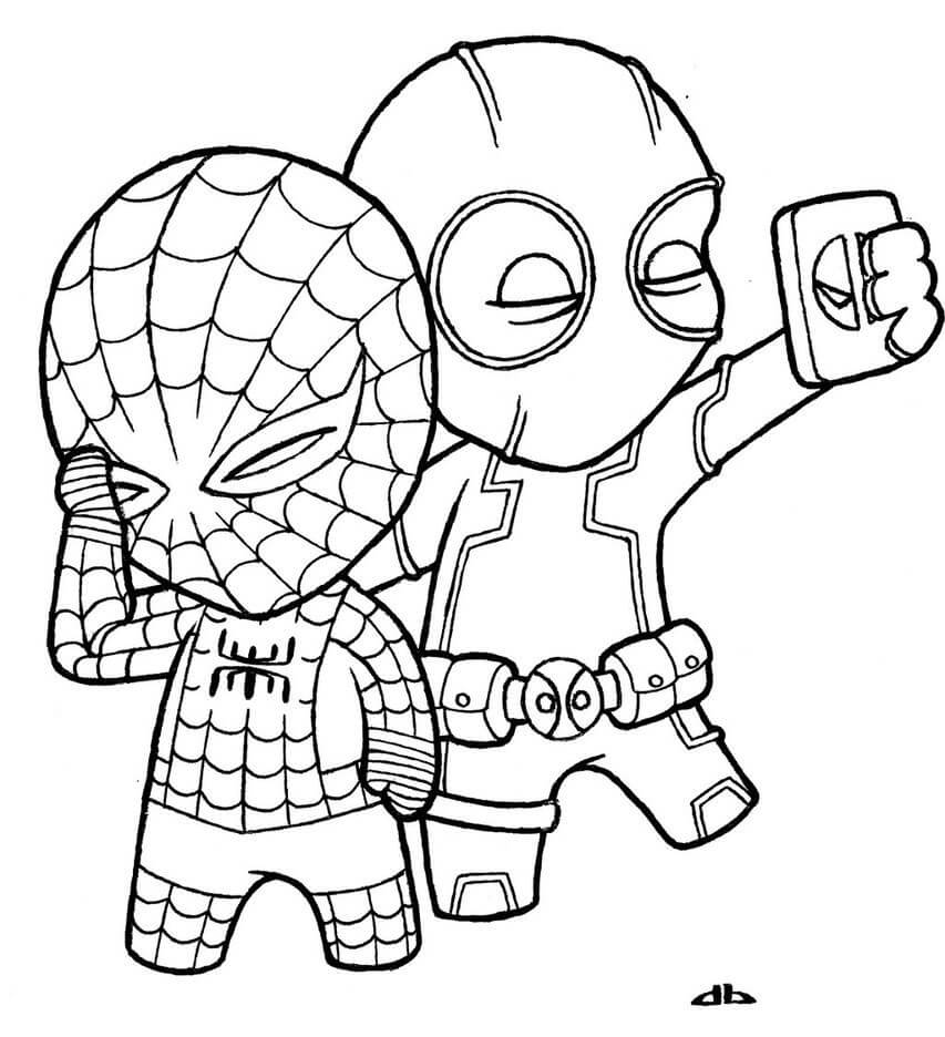 Dibujo de Selfie Con Spidey y Deadpool para Colorear y Imprimir
