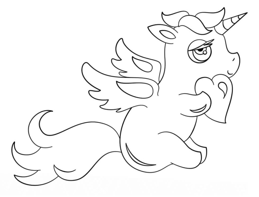 Dibujo de Unicornio Lindo Con Corazón para Colorear y Imprimir