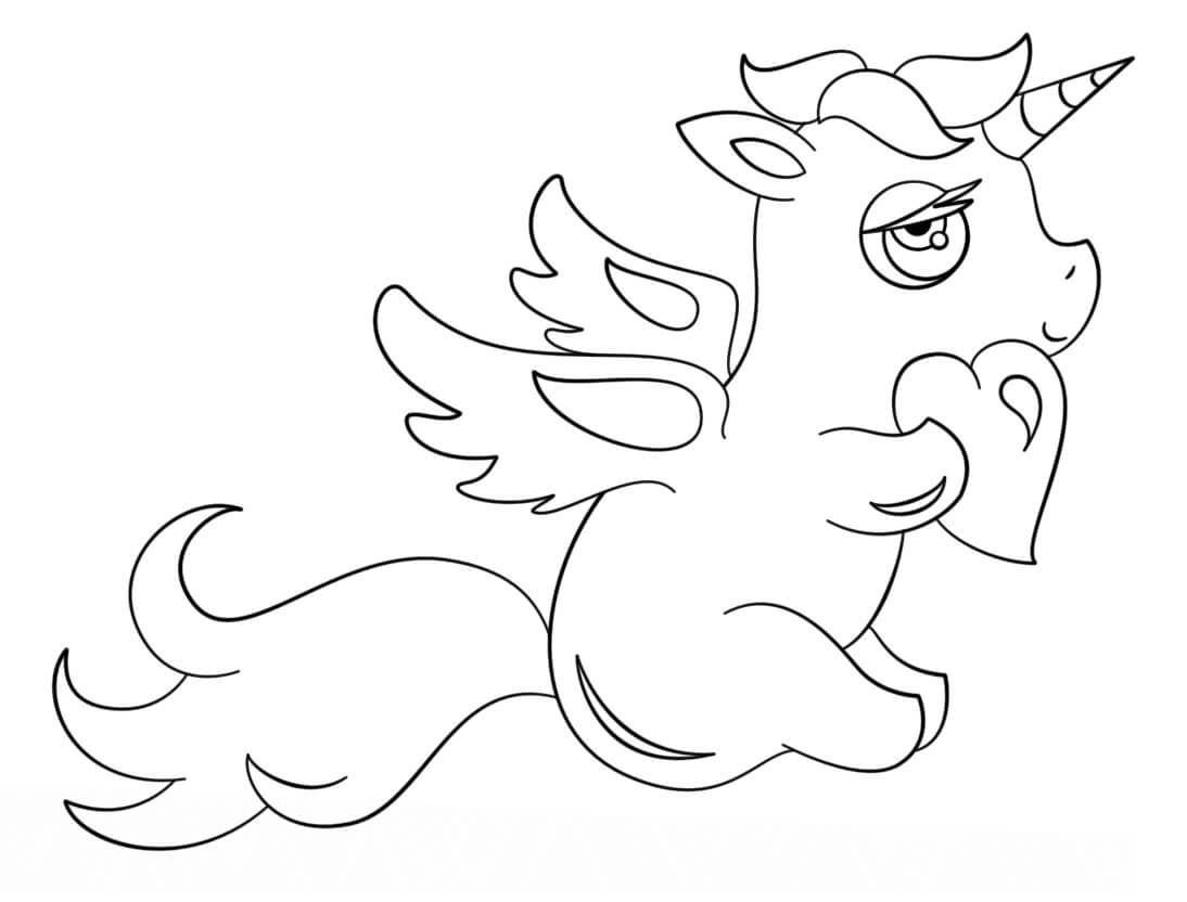 Dibujo de Unicornio Lindo Con Corazón para Colorear y Imprimir