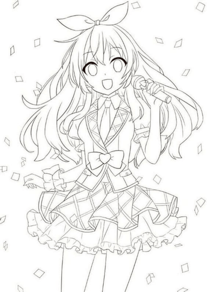 Dibujo de Chica Anime Cantando para Colorear y Imprimir