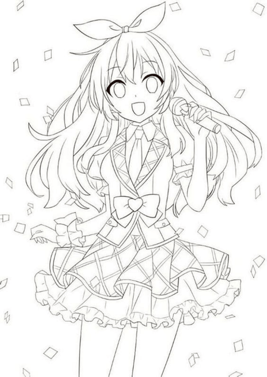 Dibujo de Chica Anime Cantando para Colorear y Imprimir