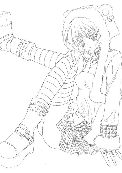 Dibujo de Chica Anime Sentada para Colorear y Imprimir