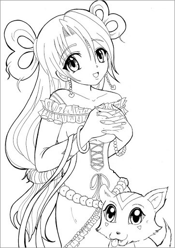 Dibujo de Chica Anime y Perro para Colorear y Imprimir