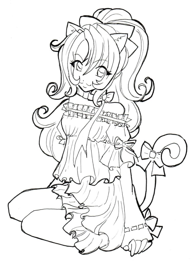Dibujo de Chica Gato Anime para Colorear y Imprimir