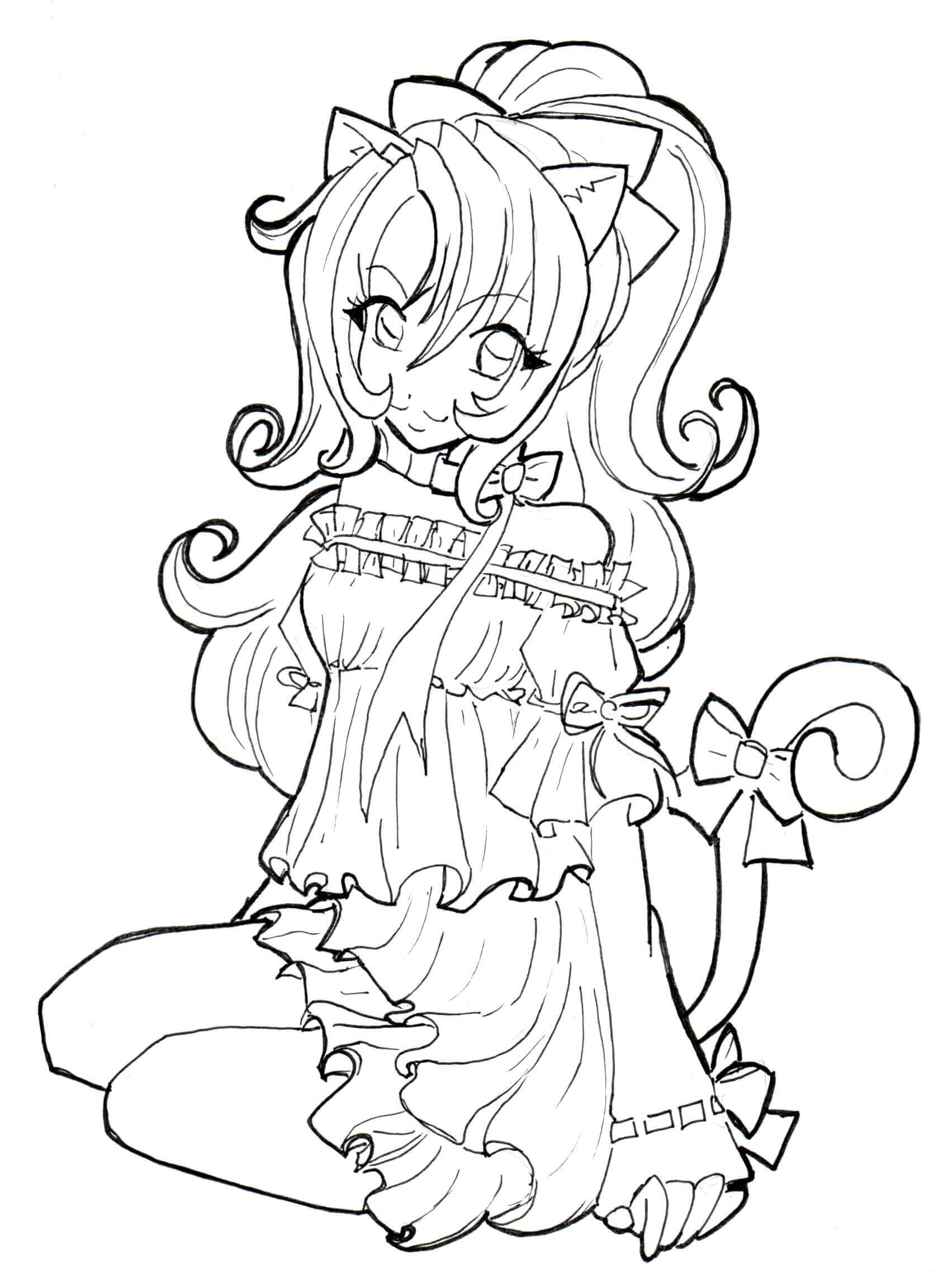 Dibujo de Chica Gato Anime para Colorear y Imprimir
