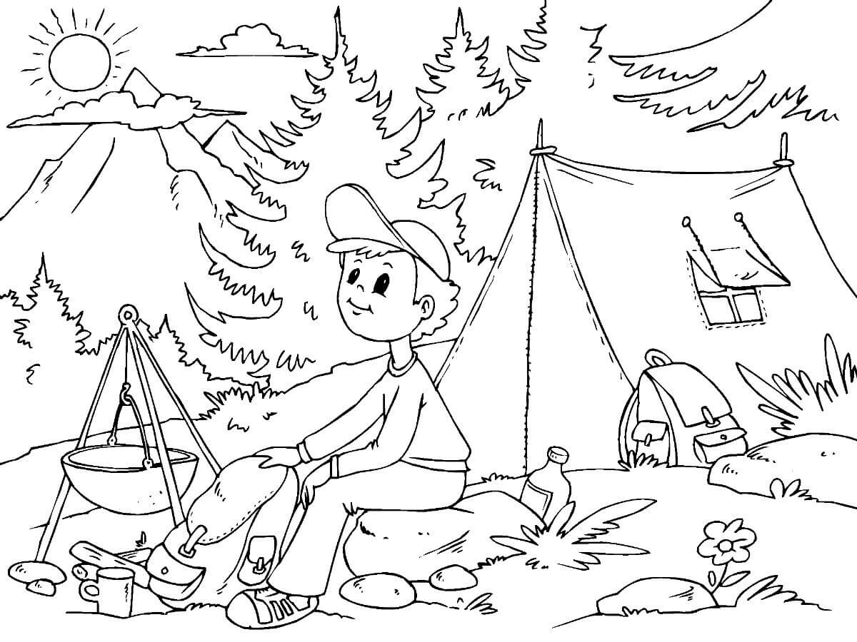 Dibujo de Niño Acampar para Colorear y Imprimir