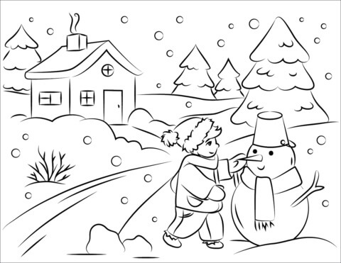 Dibujo de Niño Edificio Muñeco de Nieve 1 para Colorear y Imprimir