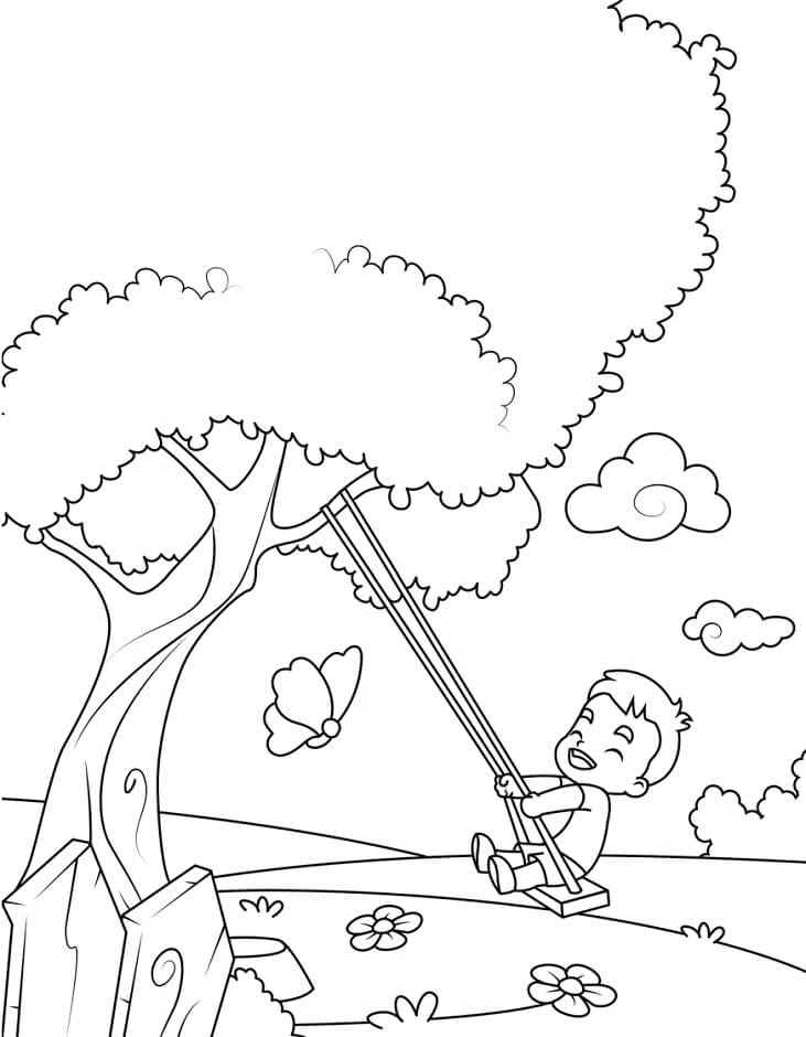 Dibujo de Niño En Columpio para Colorear y Imprimir