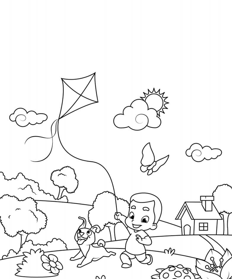 Dibujo de Niño Volando Una Cometa Con Mariposa para Colorear y Imprimir