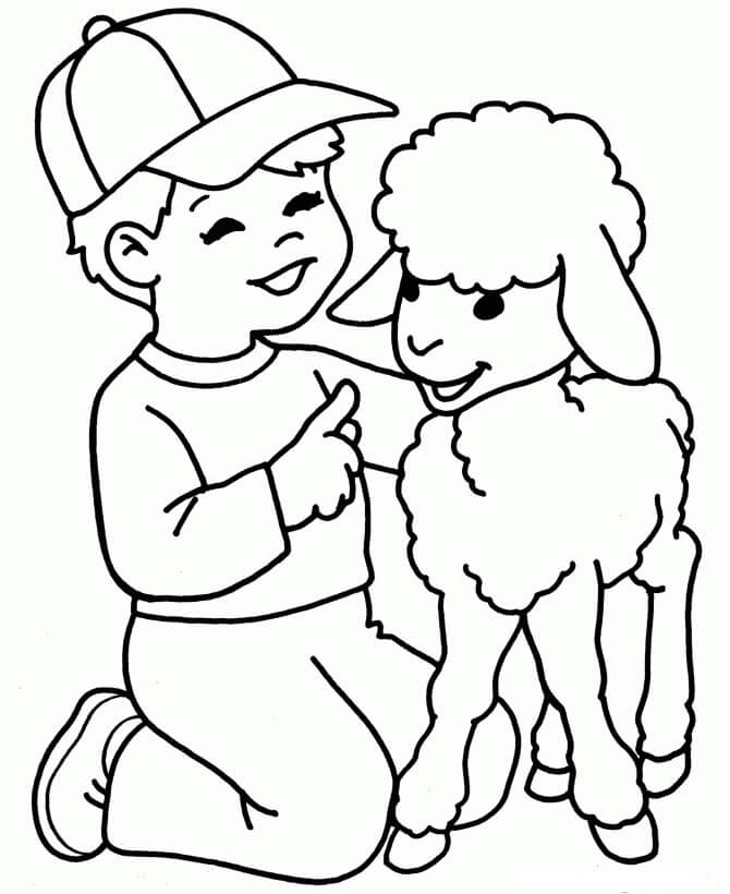 Dibujo de Niño y Oveja para Colorear y Imprimir