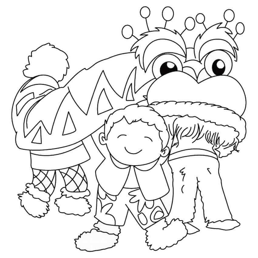 Dibujo de Año Nuevo Chino Con Danza Del León para Colorear y Imprimir