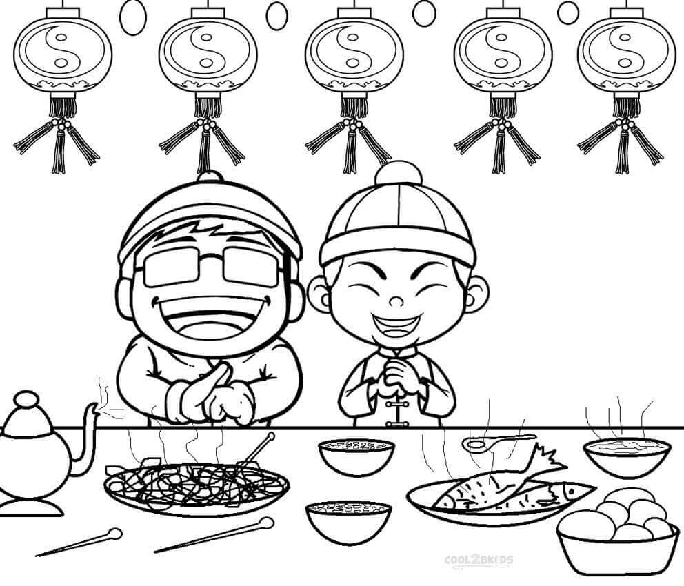 Dibujo de Año Nuevo Chino Con dos Graciosos para Colorear y Imprimir