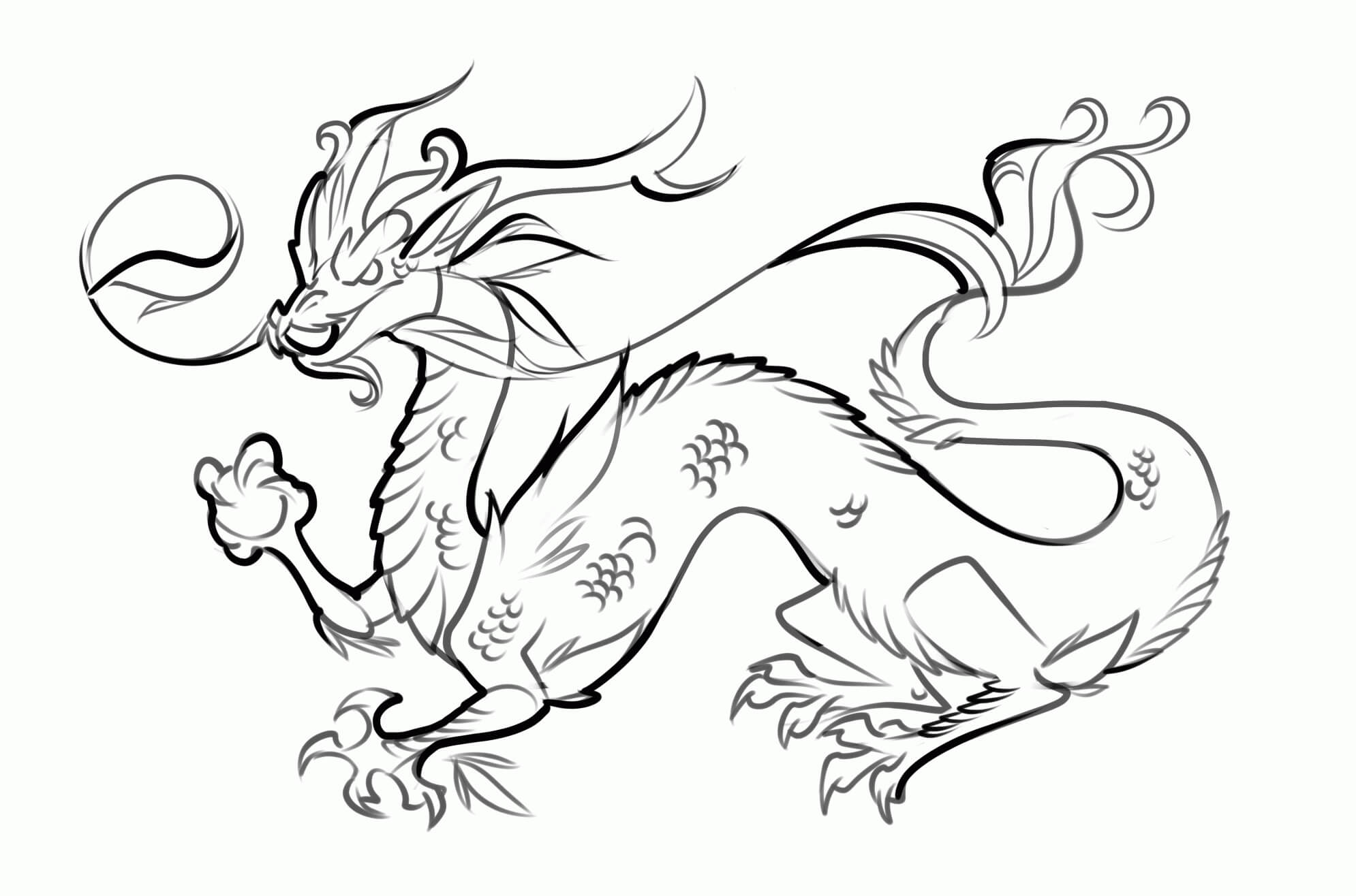 Dibujo de Dragón Chino Fuerte para Colorear y Imprimir