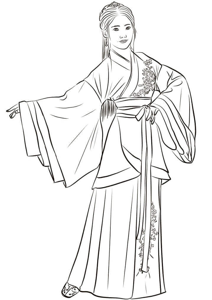 Dibujo de Mujer China En Hanfu para Colorear y Imprimir