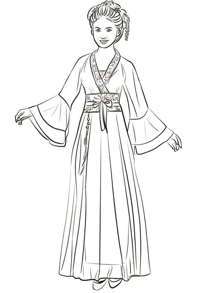 Dibujo de Mujer China En Hanfu Tradicional para Colorear y Imprimir