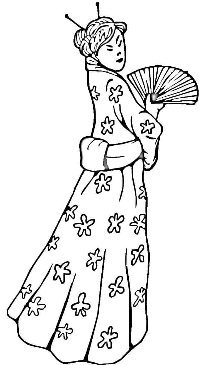 Dibujo de Mujer China En Un Vestido Tradicional para Colorear y Imprimir