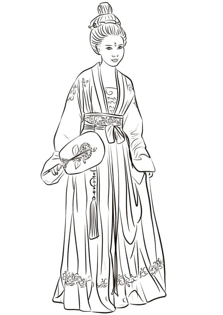 Dibujo de Mujer China Llevando Hanfu para Colorear y Imprimir