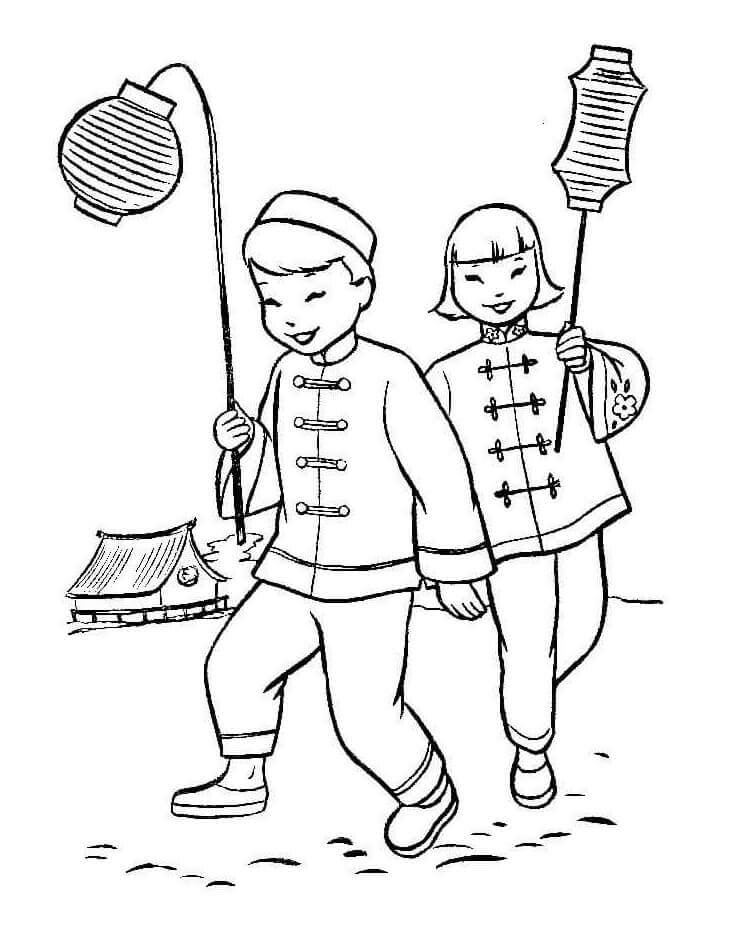 Dibujo de Niño y Niña Chinos para Colorear y Imprimir
